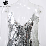 Deep V Neck Autumn Silver Sequined Backless Sexy Dress Women Off Shoulder Mini Dress Christmas Party Club Strap Dresses Vestidos