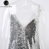Deep V Neck Autumn Silver Sequined Backless Sexy Dress Women Off Shoulder Mini Dress Christmas Party Club Strap Dresses Vestidos