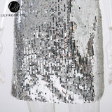 Deep V Neck Autumn Silver Sequined Backless Sexy Dress Women Off Shoulder Mini Dress Christmas Party Club Strap Dresses Vestidos
