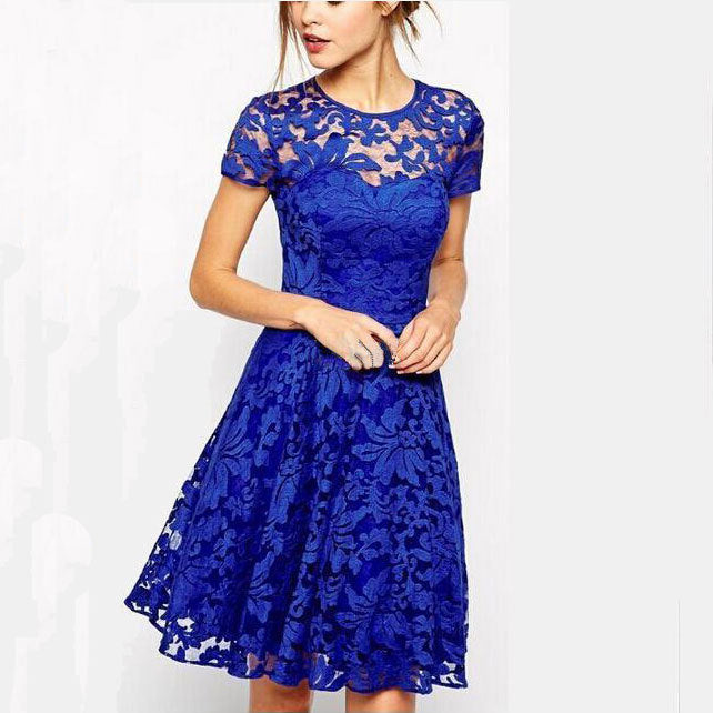Dress Fashion Women Elegant Sweet Hallow Out Lace Dress Sexy Party Princess Slim Summer Dresses Vestidos Red Blue