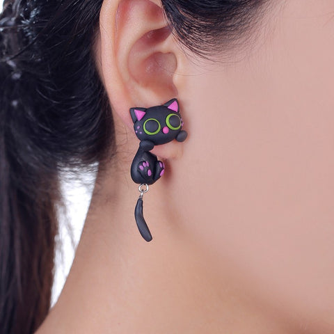 W-AOE New Design Handmade Purple Ear Cute Cat Stud Earring Fashion Jewelry Polymer Clay Cartoon 3D Animal Earrings For Women