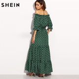 Polka Dot Bardot Neckline Tie Waist Dress Off the Shoulder Three Quarter Length Sleeve A Line Belted Maxi Dress
