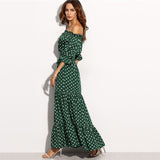 Polka Dot Bardot Neckline Tie Waist Dress Off the Shoulder Three Quarter Length Sleeve A Line Belted Maxi Dress