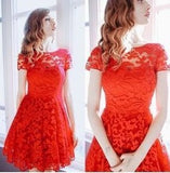 Dress Fashion Women Elegant Sweet Hallow Out Lace Dress Sexy Party Princess Slim Summer Dresses Vestidos Red Blue
