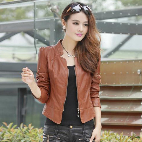 New Fashion Slim Women's Leather Jackets Stad Collar PU Leather Motor Jacket for Women