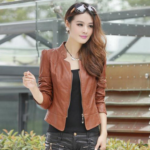 New Fashion Slim Women's Leather Jackets Stad Collar PU Leather Motor Jacket for Women