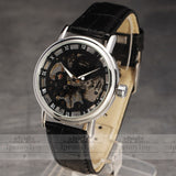 skeleton hollow fashion hand wind mens black leather strap Mechanical Wrist Watch