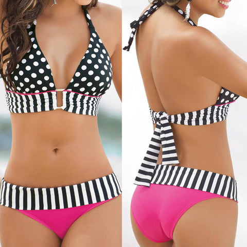 Sexy Women Swimwear Bikini Set Bandeau Push-Up Padded Bra Swimsuit Black & White & Rose