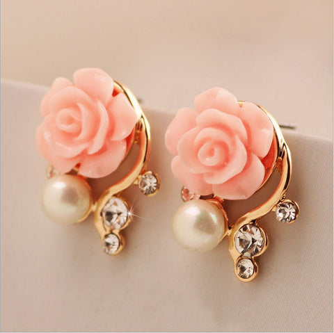 fashion jewelry new earrings for women simple crystal Imitation diamond pearl rose flower stud earring