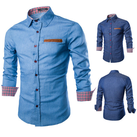 Leather Pocket Men Casual Jeans Shirt
