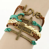 Charm Vintage Multilayer Charm Leather Bracelet Women Owl Cross Believe Bracelets Statement Jewelry Lady Best Friends Gift
