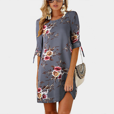 Women Summer Dress Boho Style Floral Print Chiffon Dress Tunic Sundress Loose Mini Party Dress