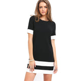 Ladies Color Block Casual Mini Dresses New Autumn Style Black White Patchwork Crew Neck Short Sleeve Shift Dress