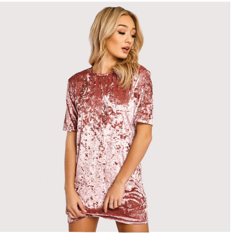 Spring Summer Pink Velvet Dress Women Short Sleeve Casual Mini Bodycon Dress Solid Color Soft Sexy Ladies Dresses