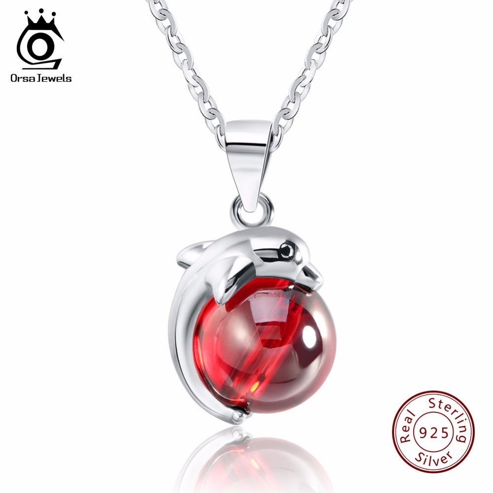ORSA JEWELS Fashion 925 Sterling Silver Red Natrual Stone Dolphin Pendant Necklaces for Women Genuine Silver Jewelry Gift SN02