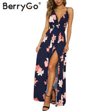 BerryGo Boho deep v neck backless long women dress Chiffon split cross lace up summer dress Sleeveless beach maxi dress vestidos