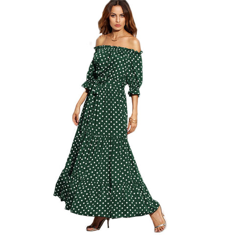 Polka Dot Bardot Neckline Tie Waist Dress Off the Shoulder Three Quarter Length Sleeve A Line Belted Maxi Dress