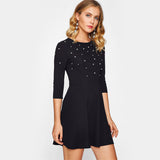 Sheinside Pearl Embellished Party Dress Zip Fit & Flare Women Black Sleeve Skater Dresses Elegant Mini Dress