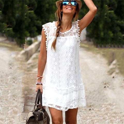 Summer Elegant Women Casual Solid Short Sleeve Slim Lace Mini Dress Tops Ladies Sexy White Dress Vestidos Plus Size
