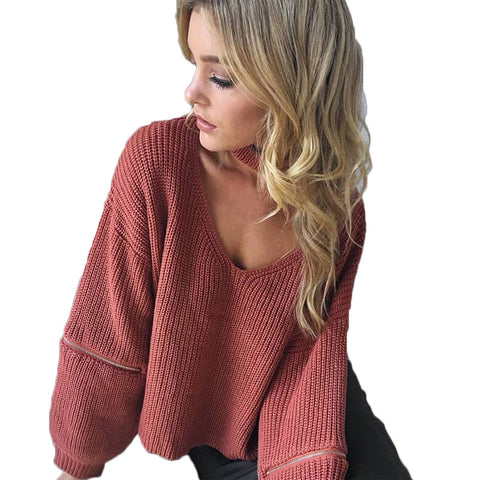 Casual V Neck Knitted Women Sweater