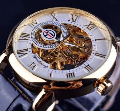Forsining 3d Logo Design Hollow Engraving Black Gold Case Genuine Leather Skeleton Mechanical Watches Luxury Brand Heren Horloge