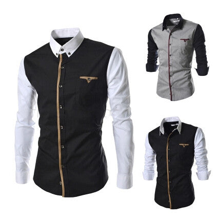 New Men's Long Sleeve Dress Shirts Patchwork Casual Slim Fit Cotton fashion Shirt