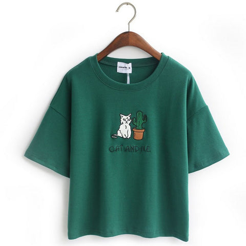 Embroidery Cat Cactus casual t shirt for Women cotton t-shirt short loose style tops hot tee