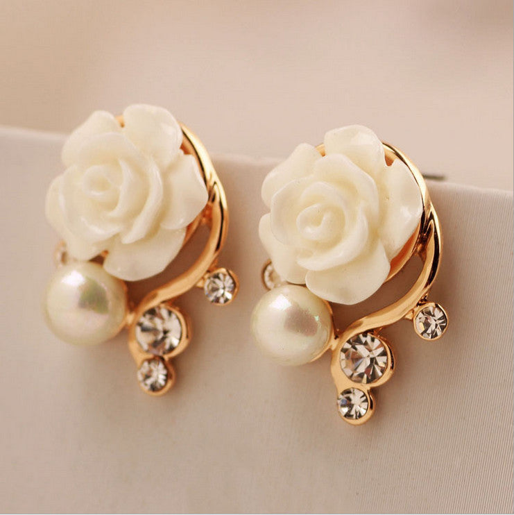 fashion jewelry new earrings for women simple crystal Imitation diamond pearl rose flower stud earring