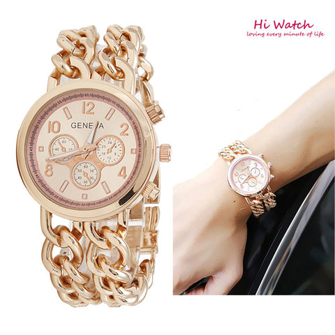 Fashion New Double Chain Gold Geneva Watches Women Luxury Famous Brand Reloj Mujer Marca De Lujo Famosas