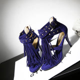 ARMOIRE New Sale Sexy Women Tassel Sandals Blue Black Purple Red Ladies High Heel Rivets Shoes