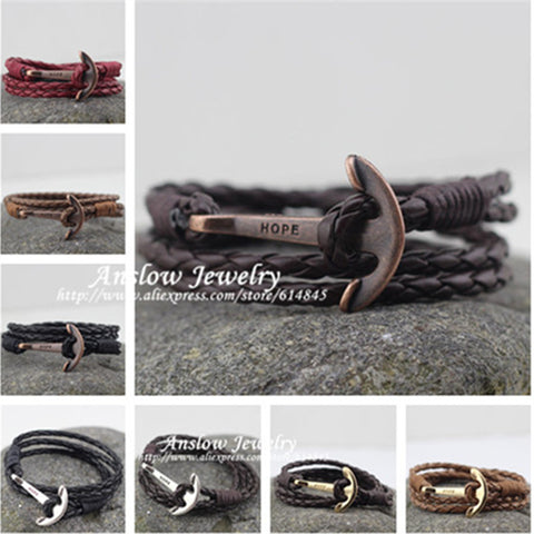LOW0018LB 2015 New Arrival Fashion Jewelry 4mm  Leather  Bracelet Men  Anchor Bracelets For Women Best Friend Gift Free Shipping