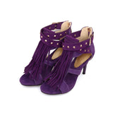 ARMOIRE New Sale Sexy Women Tassel Sandals Blue Black Purple Red Ladies High Heel Rivets Shoes