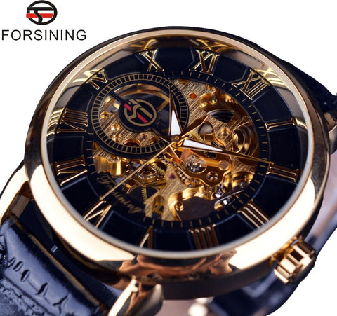 Forsining 3d Logo Design Hollow Engraving Black Gold Case Genuine Leather Skeleton Mechanical Watches Luxury Brand Heren Horloge