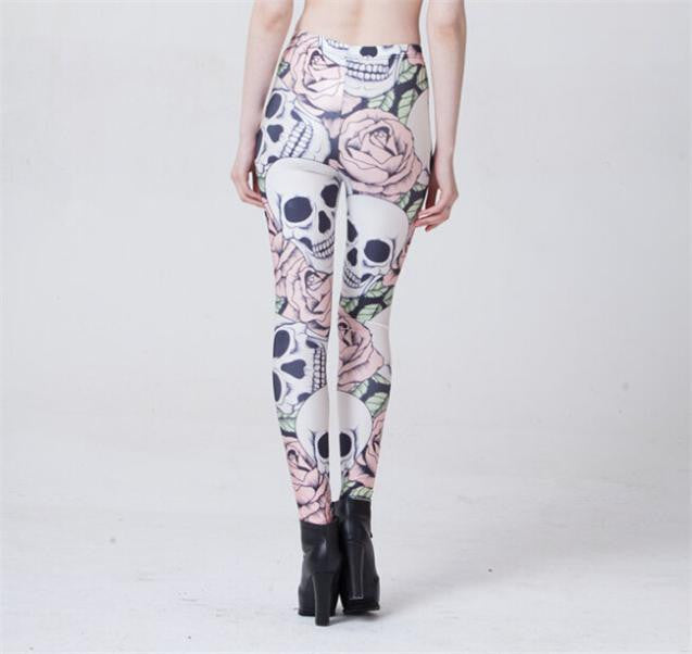 New Fashion ROSE & SKULL Printed Female Fitness sportwear Leggings Femininos Fashion Slim Elastic Pants Women Leggins Mujer