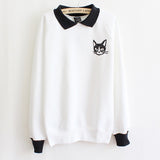 Hot Women Lapel Neck Pullover Sweatshirt Cat Printed Loose Blouse Coat