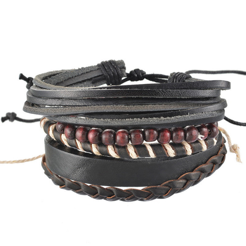 1Set 4pcs Braided Adjustable Leather Bracelet Punk Jewelry Cuff Women/Men`s Casual Jewelry