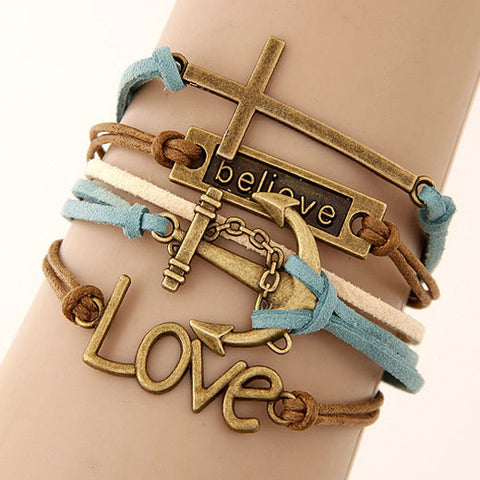 Charm Vintage Multilayer Charm Leather Bracelet Women Owl Cross Believe Bracelets Statement Jewelry Lady Best Friends Gift