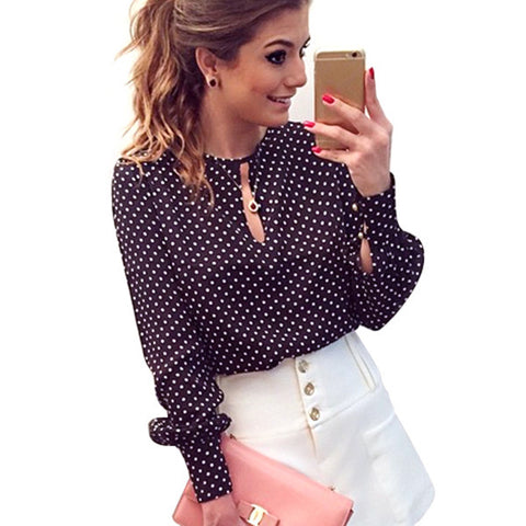 New Style Women Casual Round Neck Long Sleeve Blouses Summer Chiffon Polka Dots Shirt Tops