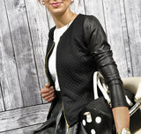 Women PU Leather Casual Zip Long Sleeve Stylish Top Outwear Coat Zipper Patchwork Jacket